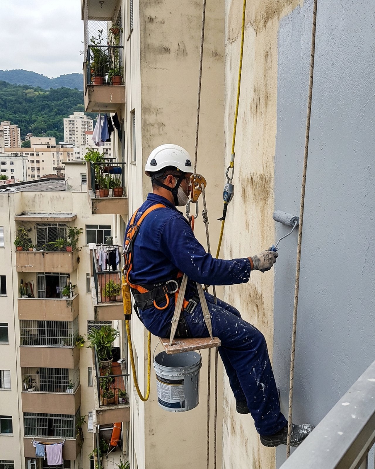 Pintor da Dr. Reforma em cadeirinha suspensa pintando a fachada de um prédio, com capacete, cinto paraquedista e linha de vida