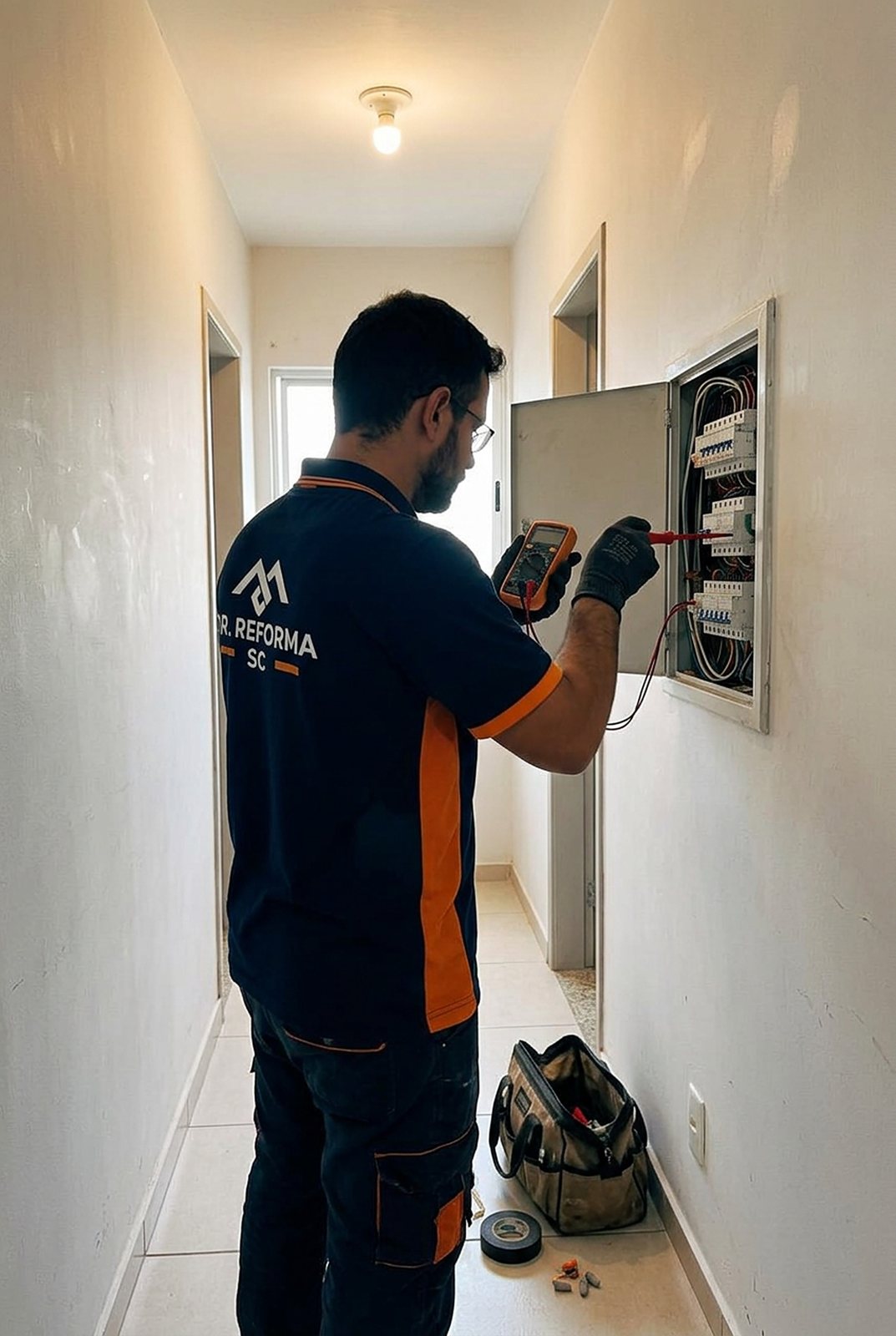 Eletricista trabalhando em quadro de energia