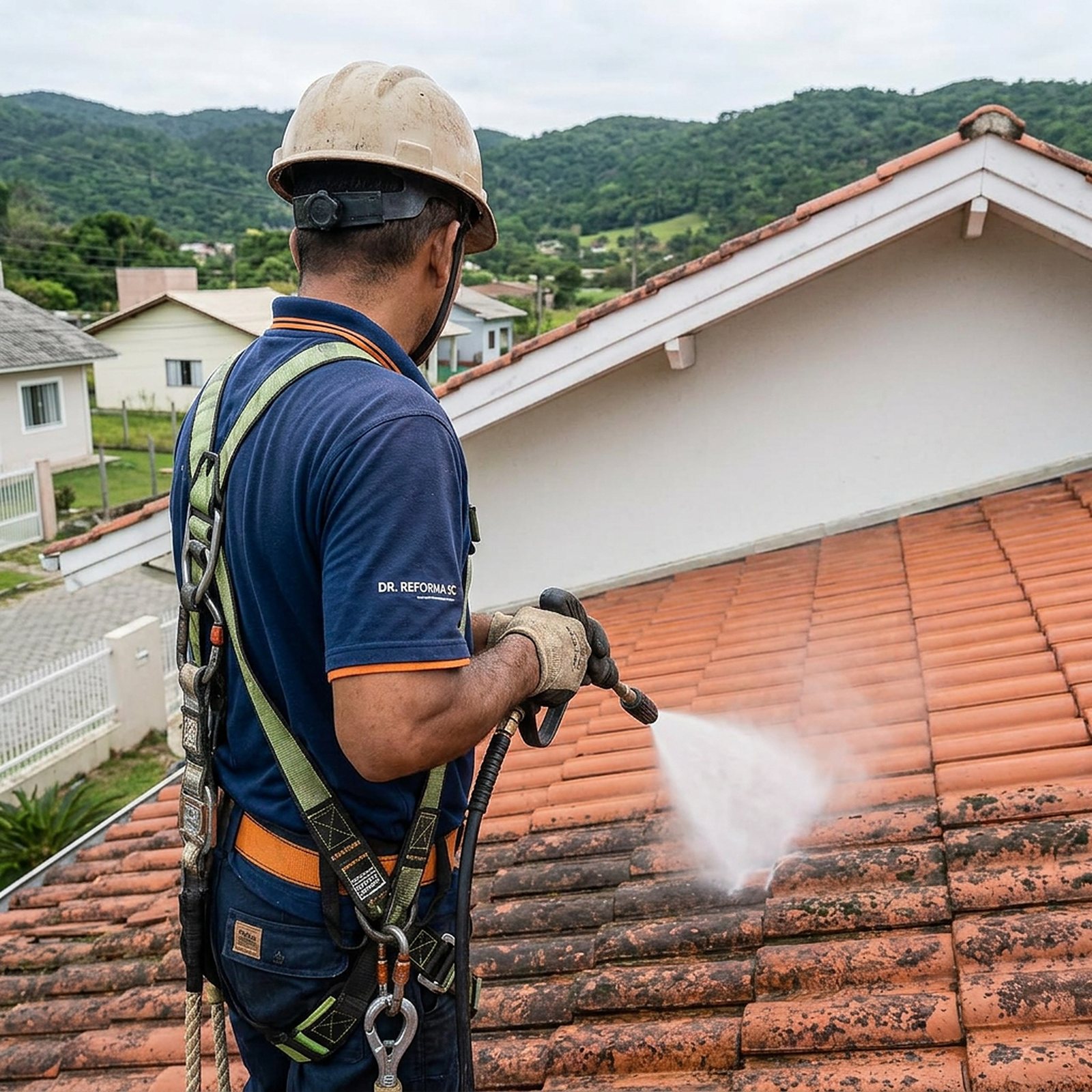 Profissional fazendo reparo em telhado